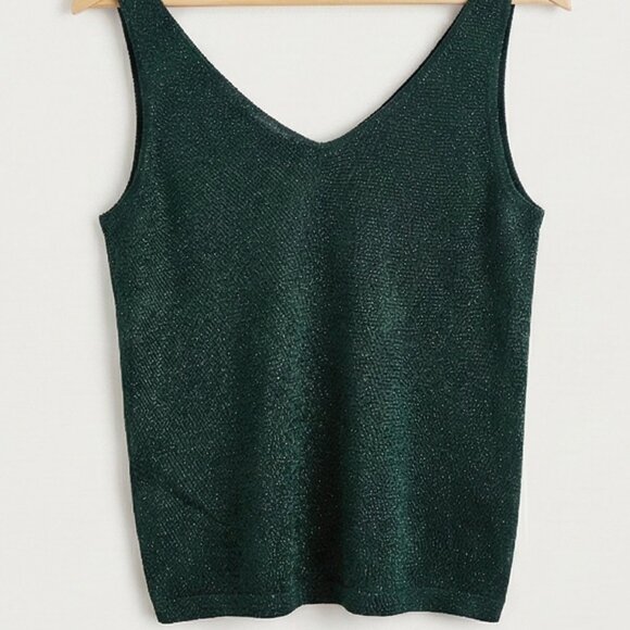 Emerald Green Shimmer Knit Two-Piece Co-ord Set (V-Neck Tank & Wide Leg Pants) - Picture 3 of 4